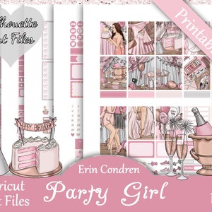 Printable Planner Stickers, Erin Condren, Party Girl, Vertical, Weekly Kit, Free Silhouette Cut Files, EC, Birthday, Cake, Gift, Girly, Pink
