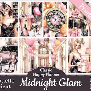 Printable Planner Stickers, Happy Planner, Midnight Glam, Classic, MAMBI, Weekly Kit, Free Silhouette Cut Files, New Year, Birthday, Party