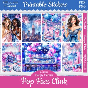 Printable Planner Stickers, Happy Planner, Pop Fizz Clink, Classic, MAMBI, Weekly Kit, Free Silhouette, Party, Girl's Night, Birthday, Pink