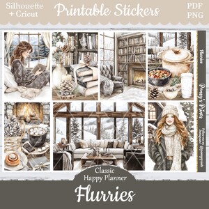 Op de afbeelding: Een set met printbare stickers met gezellige winterse taferelen, waaronder een vrouw die bij een raam leest, een open haard met een mok warme chocolademelk, een besneeuwd landschap en een knusse woonkamer. De stickers zijn ontworpen voor gebruik in een klassieke happy planner en zijn gelabeld met "Flurries".