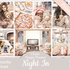 Puede incluir: Un conjunto de pegatinas de planificador imprimibles con un tema de noche acogedora en casa. Las pegatinas incluyen imágenes de una chimenea, un perro, una pizza, palomitas de maíz, un oso de peluche y una mujer viendo la televisión. El texto "Classic Happy Planner Night In" está incluido en la imagen.