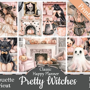 Printable Planner Stickers, Happy Planner, Pretty Witches, Classic, MAMBI, Weekly Kit, Free Silhouette Cut Files, Ghost, Black Cat, Spooky