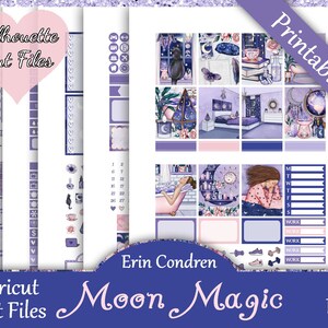 Printable Planner Stickers, Erin Condren, Moon Magic, Vertical, Weekly Kit, Free Silhouette Cut Files, Floral, Flowers, Bath, Tea, Stars, EC