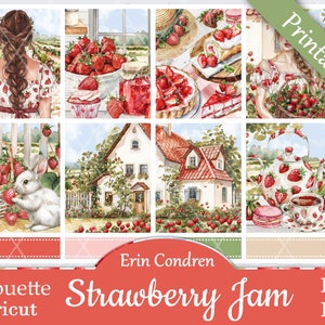May include: Printable planner stickers featuring a watercolour illustration of a strawberry patch, a house, a teapot, and a woman in a strawberry-patterned dress. The text "Printables Pansy's Prints" is on the right side of the image. The text "Silhouette + Cricut" is on the bottom left of the image. The text "Strawberry Jam" is in the centre of the image. The text "PDF PNG" is on the bottom right of the image.