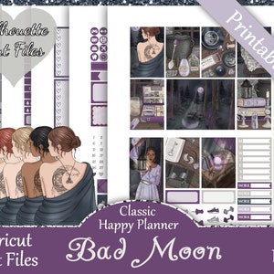 Printable Planner Stickers, Happy Planner, Bad Moon, Classic, MAMBI, Weekly Kit, Free Silhouette Cut Files, Fall, Witch, Hex, Spell, Book HP