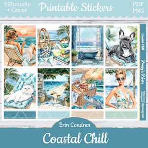 Printable Planner Stickers, Erin Condren, Coastal Chill, Vertical, Weekly Kit, Free Silhouette, Summer, Beach, Sea, Cat, Dog, Ocean, Turtle
