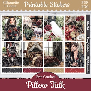 Printable Planner Stickers, Erin Condren, Pillow Talk, Vertical, Weekly Kit, Free Silhouette, Dog, Boudoir, Lovers, Elegant, Roses, Tender