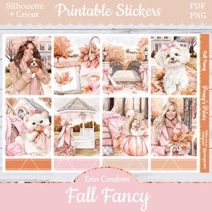 Könnte beinhalten: Druckbare Aufkleber mit Herbstthema. Das Design zeigt Illustrationen von Frauen, Haustieren und Herbstelementen wie Blättern und Kürbissen. Die Farbpalette umfasst Rosa-, Beige- und Orangetöne. Der Text enthält "Silhouette + Cricut", "Printable Stickers", "PDF PNG", "Fall Fancy" und "Erin Condren".