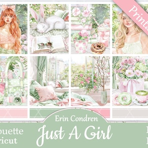 Printable Planner Stickers, Erin Condren, Just A Girl, Vertical, Weekly Kit, Free Silhouette Cut Files, Pink, Bunny, Books, Floral, Flowers