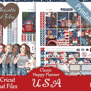 Printable Planner Stickers, Happy Planner, Classic, MAMBI, Weekly Kit, USA, Free Silhouette Cut Files, 4th of July, Popsicle, Puppy, HP