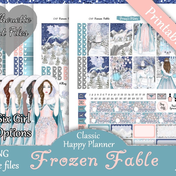 Printable Planner Stickers, Happy Planner, Classic, MAMBI, Weekly Kit, Frozen Fable, Free Silhouette Cut Files, Fairytale, Snow, Owl, HP