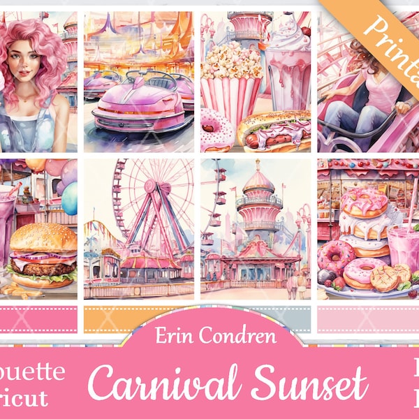 Printable Planner Stickers, Erin Condren, Carnival Sunset, Vertical, Weekly Kit, Free Silhouette Cut Files, Food, Summer, Fair, Theme Park