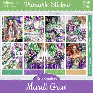 Printable Planner Stickers, Erin Condren, Mardi Gras, Vertical, Weekly Kit, Free Silhouette, Food, Cake, Sweets, Drinks, Jazz, Party, Gator