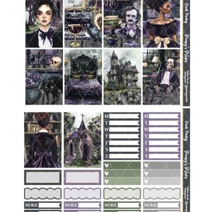 May include: A set of printable planner stickers with a dark academia theme. The stickers feature illustrations of a gothic mansion, a raven, a skull, a skeleton, and a woman in a black dress. The stickers also include a weekly planner, a daily planner, and a work planner.