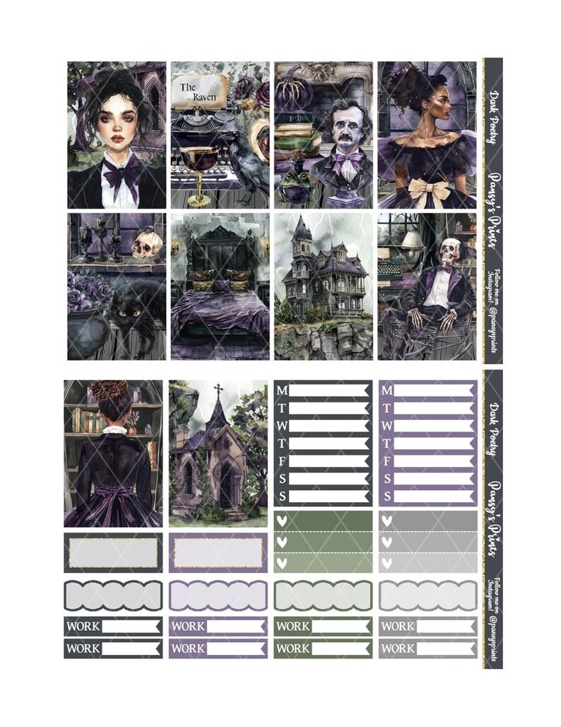 May include: A set of printable planner stickers with a dark academia theme. The stickers feature illustrations of a gothic mansion, a raven, a skull, a skeleton, and a woman in a black dress. The stickers also include a weekly planner, a daily planner, and a work planner.