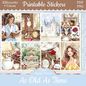 Printable Planner Stickers, Happy Planner, As Old As Time, Vertical, Weekly Kit, Free Silhouette, Castle, Books, Fairytale, Beauty, Movie