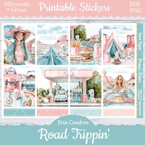 Printable Planner Stickers, Erin Condren, Road Trippin, Vertical, Weekly Kit, Free Silhouette, Summer, Trip, Vacation, Getaway, Travel, Food