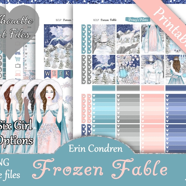 Printable Planner Stickers, Erin Condren, Vertical, Weekly Kit, Frozen Fable, Free Silhouette Cut Files, Snow, Fairytale, Owl, Horse, EC