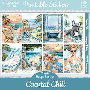 Printable Planner Stickers, Happy Planner, Coastal Chill, Vertical, Weekly Kit, Free Silhouette, Summer, Beach, Sea, Cat, Dog, Ocean, Turtle