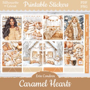 Printable Planner Stickers, Erin Condren, Caramel Hearts, Vertical, Weekly Kit, Free Silhouette, Cat, Tea, Toasty, Cookies, Galentines, Snow