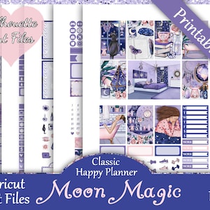 Printable Planner Stickers, Happy Planner, Moon Magic, Classic, MAMBI, Weekly Kit, Free Silhouette Cut Files, Bath, Crystals, Floral, HP