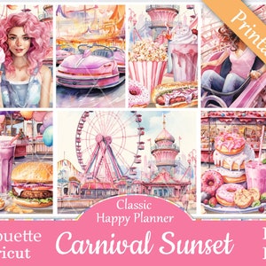 May include: A set of printable planner stickers featuring a pink and white carnival theme. The stickers include images of a Ferris wheel, cotton candy, a car ride, a milkshake, a burger, and donuts. The text "Carnival Sunset" is printed on the bottom of the sheet.