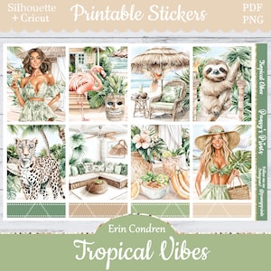 Printable Planner Stickers, Erin Condren, Tropical Vibes, Vertical, Weekly Kit, Free Silhouette, Leopard, Heatwave, Flamingo, Sloth, Peacock