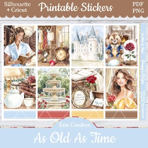 Printable Planner Stickers, Erin Condren, As Old As Time, Vertical, Weekly Kit, Free Silhouette, Castle, Books, Fairytale, Beauty, Movie, EC