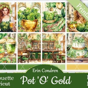 Op de afbeelding: Een set met printbare stickers met een groen, goud en wit kleurenschema met een St. Patrick's Day-thema. De stickers bevatten een kabouter, een pot met goud, een taart en een pubscène.