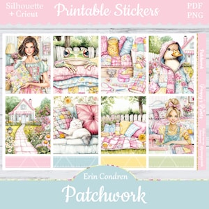 May include: Printable stickers featuring a patchwork theme with images of a woman, a frog, a duck, a cat, and a sewing machine. The stickers are designed for use with Erin Condren planners.
