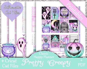 Printable Planner Stickers, Happy Planner, Pretty Creepy, Classic, MAMBI, Weekly Kit, Free Silhouette Cut Files, Ghost, Cat, Boo, Cute, HP