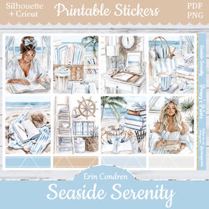 Printable Planner Stickers, Erin Condren, Seaside Serenity, Vertical, Weekly Kit, Free Silhouette, Summer, Beach, Books, Crab, Ocean, Sushi
