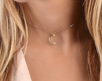 Dainty Choker Moon Necklace, Gold Crescent Moon Necklace, Simple Half Moon Necklace, Moon Jewelry, Celestial Moon Necklace, Gold Fill Silver