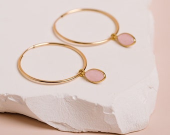 Pendientes de calcedonia rosa, pendientes con la piedra de nacimiento de octubre, pendientes rosa ruborizado, aros de cuarzo rosa, joyas del mes de nacimiento, en oro relleno y plata.