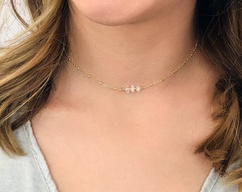 Dainty Herkimer Diamond Choker Necklace, Crystal Quartz Necklace, Quartz Jewelry, Gift for Her, 14k Gold Fill Chain, Rose Gold Fill, Silver