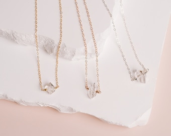 Herkimer Diamond Necklace, Minimal Raw Crystal Necklace, April Birthstone, Crystal Quartz Necklace or Bracelet, in 14kt Gold Filled,  Silver