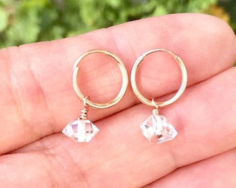 Herkimer Diamond Hoop Earrings, Quartz Earrings, Raw Diamond Hoops, April Birthstone Jewelry, in 14kt Gold Filled, Rose or Sterling Silver