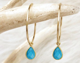 Turquoise Earrings, Aqua Stone Earrings, Turquoise Hoops, Turquoise Jewelry, Small Medium or Large Hoops, 14kt Gold Filled, Sterling Silver