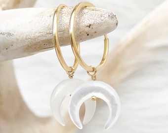 Pearl Moon Earrings, Crescent Moon Dangles, Double Horn Drops, Hoop Earrings, Minimalist Jewelry, 14kt Gold Filled, Silver