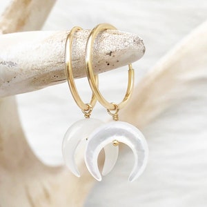 Pearl Moon Earrings, Crescent Moon Dangles, Double Horn Drops, Hoop Earrings, Minimalist Jewelry, 14kt Gold Filled, Silver image 1