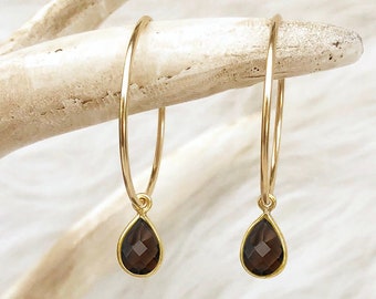 Smoky Quartz Earrings, Brown Earrings, Gemstone Hoops, Jewelry Gift, Small Medium Large Hoops, Teardrop, in 14kt Gold Filled Sterling Silver