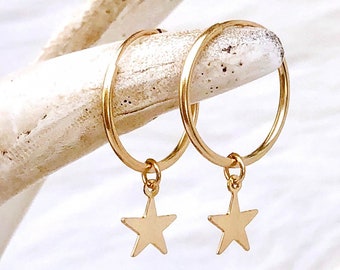 Star Hoop Earrings, Star Earrings, Tiny Star Hoops, Hoops with Star Charm, Small Medium Large, Huggie Hoops, 14Kt Gold Fill, Sterling Silver