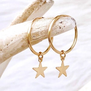 Star Hoop Earrings, Star Earrings, Tiny Star Hoops, Hoops with Star Charm, Small Medium Large, Huggie Hoops, 14Kt Gold Fill, Sterling Silver image 1