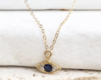 Tiny Evil Eye Necklace, Protection Necklace, CZ Charm Necklace, Cubic Zirconia Evil Eye, Bohemian Jewelry, 14kt Gold Filled Sterling Silver