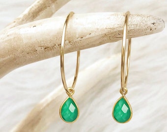 Emerald Green Onyx Earrings, Green Stone Earrings, May Birthstone, Jewelry Gift, Small Medium Large Hoops, 14kt Gold Filled, Sterling Silver