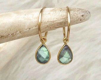 Labradorite Earrings, Labradorite Drop Earrings, 14kt Gold Filled Hoops, Gemstone Hoops, Sterling Silver Hoop, Gift for Her, Small Med Large