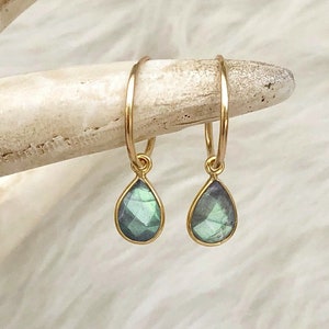 Labradorite Earrings, Labradorite Drop Earrings, 14kt Gold Filled Hoops, Gemstone Hoops, Sterling Silver Hoop, Gift for Her, Small Med Large Bild 1