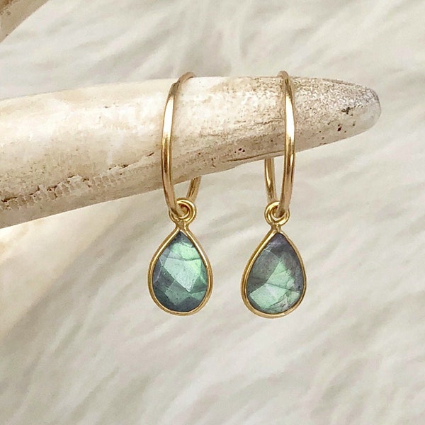 Labradorite Earrings, Labradorite Drop Earrings, 14kt Gold Filled Hoops, Gemstone Hoops, Sterling Silver Hoop, Gift for Her, Small Med Large