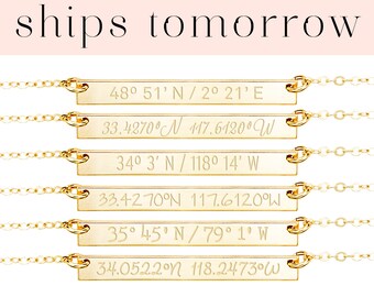 Custom Coordinates Bar Necklace Reversible, Latitude Longitude Necklace, Personalized Bar, Location GPS Coordinates, Gold Fill Silver Rose