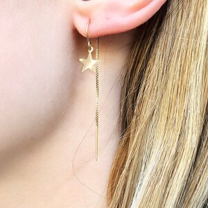 Star Earrings, Gold Threader Earrings, Tiny Star Dangling Earrings, Long Chain Earrings, Minimalist Jewelry Gift, 14Kt Gold Filled or Silver